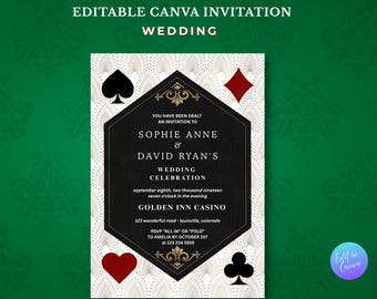 Casino Wedding Invitation, Vegas Poker Wedding Invite, Canva Template, Art Deco Wedding Printable, Luxury Card Suit Wedding Invite