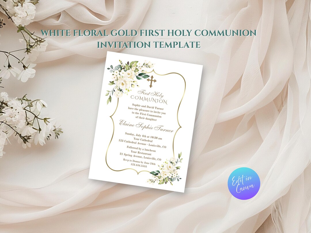 Elegant First Holy Communion Invitation Template | Gold Floral Girl ...
