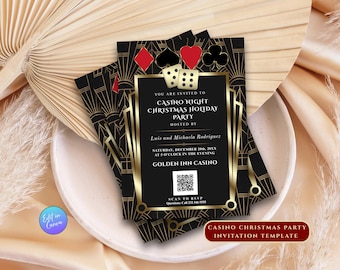 May include: Casino Night Christmas Holiday Party invitation template. The invitation features a black and gold art deco design with playing card suits and dice. The text includes the event details and RSVP information.