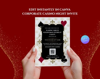 Puede incluir: Una invitación a la noche de casino con un diseño negro y dorado, sostenida por manos sobre un fondo rojo. La invitación incluye el texto "Casino Night Christmas Holiday Party" y "Golden Inn Casino". La invitación también tiene símbolos de traje.