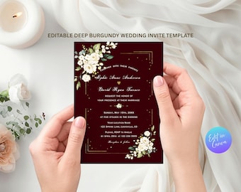 Burgundy Floral Wedding Invitation Template, Elegant Gold (Canva Editable, Instant Download)