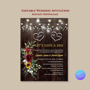 May include: A wedding invitation template featuring a dark wood background, string lights with mason jars, and two white heart outlines containing the text I DO and ME, TOO. A floral arrangement of sunflowers and red roses sits on the left side.