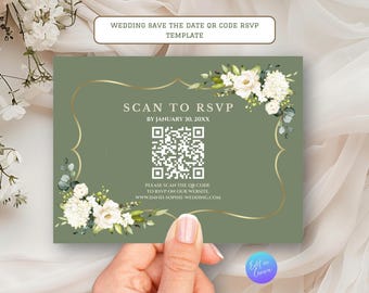 Plantilla editable de Canva para insertar la tarjeta de confirmación de asistencia a la boda con código QR, tarjeta de confirmación de asistencia floral verde salvia, papelería de boda de descarga instantánea.