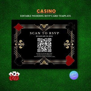 Tarjeta RSVP con código QR para boda en casino, temática de Las Vegas, estilo art déco en negro y dorado, plantilla editable de Canva