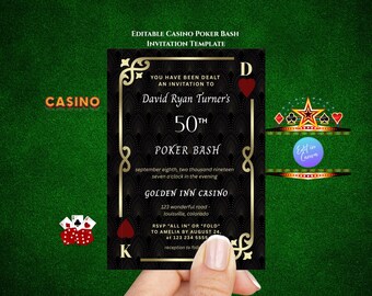 May include: A black and gold casino poker bash invitation template. The invitation includes the text "David Ryan Turner's 50th Poker Bash" and details for the event. The invitation is held in a hand against a green background.