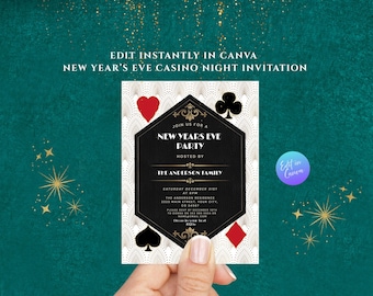 Printable New Year’s Eve Party Invitation, 20s Gatsby Theme, Black & Gold NYE Invitation Template, Editable Instant Download Art Deco Invite