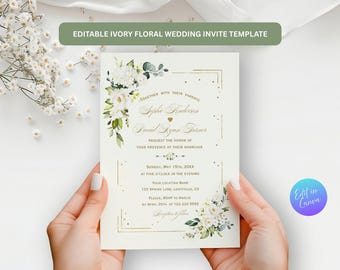 Ivory Floral Wedding Invitation Template, Editable in Canva, White Flowers Gold Invite, Elegant Wedding Invite, Printable Instant Download