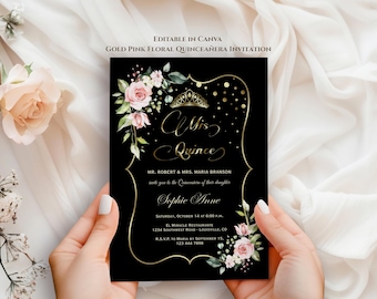 Gold Rosa Blumen Mis Quitte Einladung Vorlage | Bearbeitbar Quinceañoa Canva Invite | Elegante Tiara Rose Sweet 15 Einladen | Sofort Download