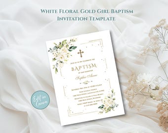 White Flowers Baptism Invitation, Girl Christening Invite, Editable Printable Template, White Floral Gold Baptism Invite, Digital Download