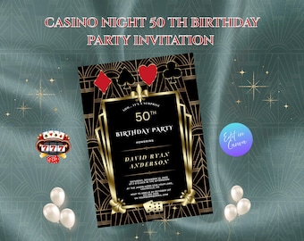 May include: A black and gold casino-themed 50th birthday party invitation. The invitation features a decorative frame, playing card symbols, and the text "Casino Night 50th Birthday Party Invitation". White balloons and a slot machine graphic are also included.