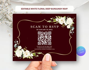 Mall för OSA-kort med QR-kod och vinröd blommönster, redigerbar i Canva, digital nedladdning