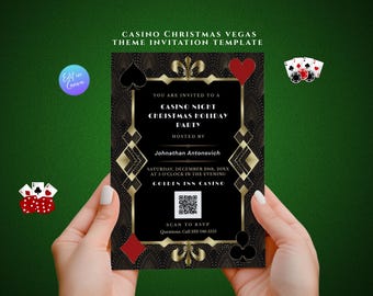 May include: A black and gold casino-themed invitation template with the text "Casino Christmas Vegas Theme Invitation Template". The invitation includes card suits, a QR code, and the text "Casino Night Christmas Holiday Party".