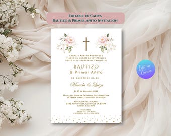 Invitación para el Bautizo y Primer Cumpleaños de Gemelas, Plantilla Canva, Invitación para Bautizo y Primer Añito en Español, Descarga Instantánea Floral Rosa