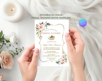 Bridal Tea Party Invitation Template, Floral Bridal Tea Invite, Editable Canva Invitation, Pink Blush Gold Tea Party