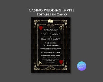 May include: Casino wedding invitation with a black and gold design. The invitation includes the text "Casino Wedding Invite Editable in Canva". The invitation features playing card symbols and dice.