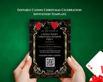 May include: A black and gold casino-themed invitation with the text "Casino Night Christmas Holiday Party". The invitation includes playing card suit symbols and a QR code. The invitation is held by two hands.