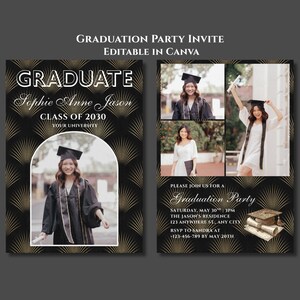 May include: Graduation party invitation with a black and gold art deco design. The invitation includes photos of the graduate, the text "GRADUATE" and event details. The invitation is editable in Canva.