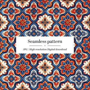 Puede incluir: Un diseño de patrón sin costuras con un motivo floral repetido en tonos azules, naranjas y blancos. El diseño incluye el texto "Seamless pattern" y "JPG | High resolution Digital download".