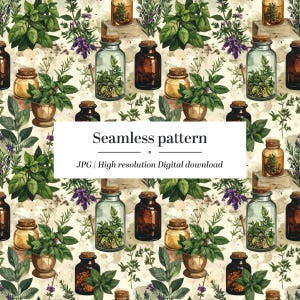 May include: Seamless pattern featuring watercolor illustrations of herbs, plants, and apothecary jars. The design includes various glass jars with cork stoppers, small wooden pots, and sprigs of herbs. The text "Seamless pattern" is displayed.