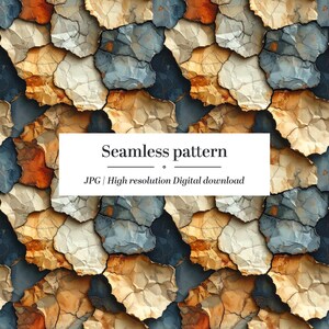 May include: A seamless pattern featuring a mosaic of irregularly shaped pieces in shades of blue, orange, tan, and white. The image includes the text "Seamless pattern" and "JPG | High resolution Digital download".