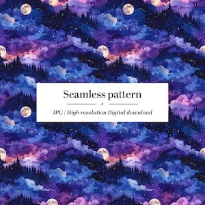 Puede incluir: Patrón sin costuras que representa un cielo nocturno con luna llena, nubes y árboles. La paleta de colores incluye tonos de morado, azul y blanco. El texto "Seamless pattern" se muestra en un rectángulo blanco.