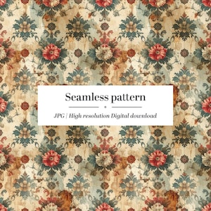 Może przedstawiać: Bezszwowy wzór z kwiatowym wzorem w stylu vintage. Zawiera czerwone, kremowe i morskie kwiaty na postarzanym beżowym tle. Wzór zawiera tekst "Seamless pattern" i "JPG | High resolution Digital download".