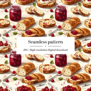 Puede incluir: Un patrón sin costuras con varios elementos de pan, incluyendo rebanadas, hogazas y tostadas con mermelada y crema. También hay tarros de mermelada, cucharas y frambuesas. Se muestra el texto "Seamless pattern".