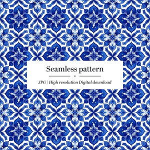 May include: A seamless pattern featuring a repeating floral design in shades of blue and white. The pattern has a symmetrical arrangement of stylized flowers, creating a visually appealing and intricate design. The text "Seamless pattern" is displayed on a white rectangle.