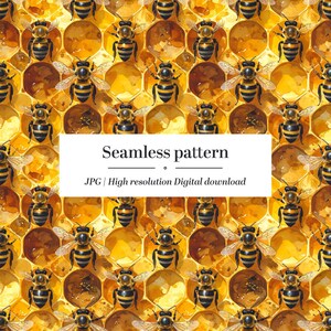 Op de afbeelding: Een naadloos patroon met aquarel illustraties van bijen en honingraatcellen. De bijen zijn zwart en geel, met transparante vleugels. De honingraatcellen zijn geel en bruin. De tekst "Seamless pattern" wordt weergegeven in een witte rechthoek.