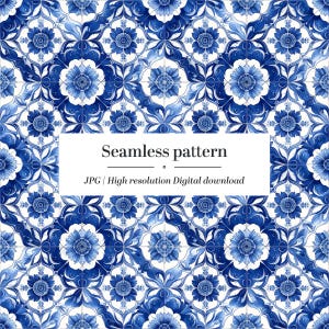 May include: A seamless pattern featuring a repeating floral design in shades of blue and white. The pattern includes stylized flowers and leaves, creating a classic, decorative look. The text "Seamless pattern" is displayed on the image.