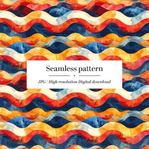 Puede incluir: Diseño de patrón sin costuras con olas de acuarela en tonos rojos, azules, naranjas y crema. La imagen incluye el texto "Seamless pattern" y "JPG | High resolution Digital download". Adecuado para diversas aplicaciones digitales.