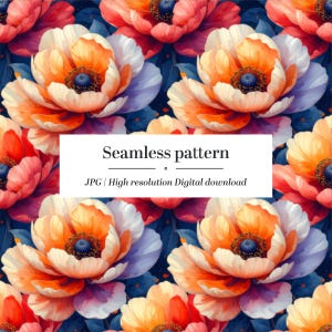 May include: Seamless pattern featuring vibrant, watercolor-style flowers in shades of orange, red, and purple, set against a dark blue background. The image includes the text "Seamless pattern" and "JPG | High resolution Digital download".
