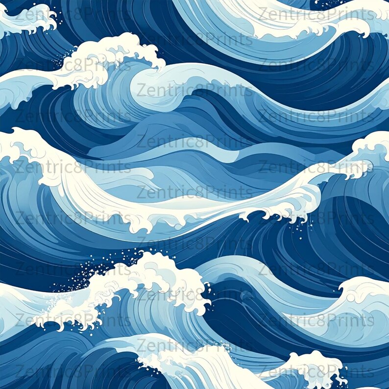 Ocean Wave Seamless Pattern | Japanese Style Water Repeat Design | Blue ...