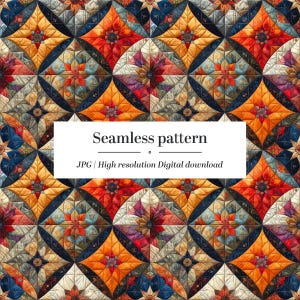May include: A seamless pattern featuring a repeating design of colorful, geometric shapes. The pattern includes orange, red, blue, and yellow elements, with a floral motif at the center of each shape. The text "Seamless pattern" is displayed in a white rectangle.
