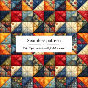 Puede incluir: Un patrón sin costuras de patchwork en rojo, azul, naranja y crema, con motivos florales y geométricos. El texto "Seamless pattern" se muestra en el centro. Descarga digital.