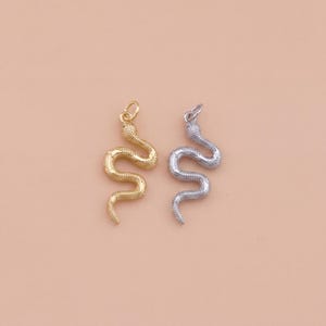 Op de afbeelding: Twee slangenhangers. Eén is goudkleurig, de andere zilverkleurig. Beide hebben een gestructureerd, schubachtig patroon en een kleine lus aan de bovenkant om aan een ketting of ander sieraad te bevestigen. De achtergrond is effen licht perzik van kleur.