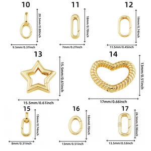 May include: A collection of gold-colored jewelry clasps and connectors in various shapes, including oval, rectangular, star, and heart designs. Sizes range from 0.31 inches to 0.96 inches in length. Ideal for jewelry making.