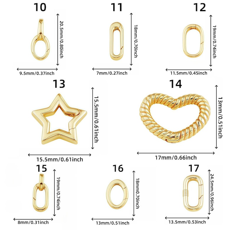 May include: A collection of gold-colored jewelry clasps and connectors in various shapes, including oval, rectangular, star, and heart designs. Sizes range from 0.31 inches to 0.96 inches in length. Ideal for jewelry making.