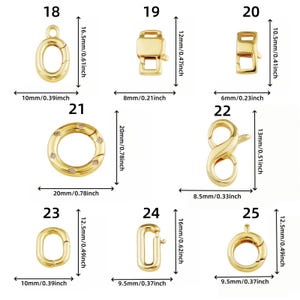 May include: A collection of gold-colored jewelry clasps and connectors, including oval, rectangular, and circular designs. Measurements are provided in inches, with the largest piece measuring 0.78 inches in diameter.