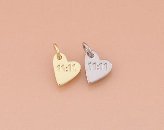 Pendentif coeur en or 18 carats, breloque 11:11 pour la fabrication de bijoux, breloque pour collier bricolage hypoallergénique, produit fait main