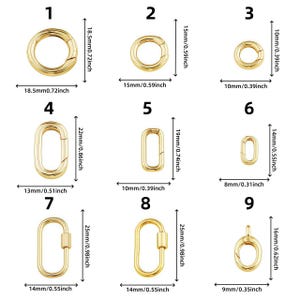 May include: A collection of gold-colored jewelry clasps in various shapes and sizes. The clasps include round and oval spring rings, and oval and rectangular lobster clasps. Measurements are provided in inches and millimeters, ranging from 0.31 to 0.98 inches.