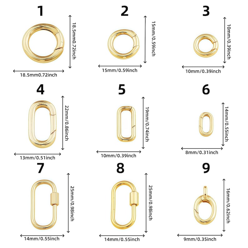 May include: A collection of gold-colored jewelry clasps in various shapes and sizes. The clasps include round and oval spring rings, and oval and rectangular lobster clasps. Measurements are provided in inches and millimeters, ranging from 0.31 to 0.98 inches.