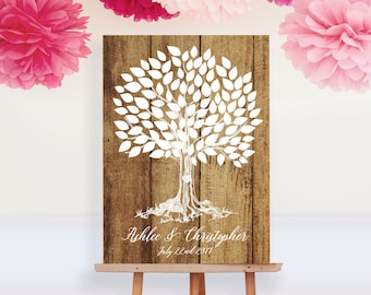 Impresión de arte lienzo envuelto de árbol rústico - Libro de invitados de árbol de boda - 35- 250 invitados - Impresión de árbol - Impresión de lienzo - Firmas - Madera romántica