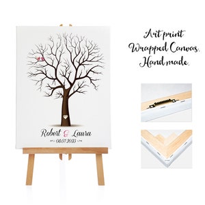 Grande stampa artistica su tela avvolta + 3 tamponi d'inchiostro - Libro degli ospiti dell'albero del matrimonio - Impronta digitale - Albero del pollice - 130 - 260 ospiti - Stampa dell'albero - Tela