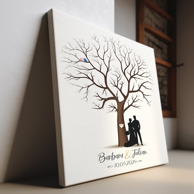 Venta 20% de DESCUENTO Lienzo envuelto con impresión artística 3 almohadillas de tinta, libro de invitados de árbol de boda árbol de huellas dactilares de pareja de bodas, 20-100 invitados Lienzo imagen 2