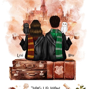 May include: Watercolor illustration featuring two figures in Hogwarts robes, with owls and mugs of butterbeer. The background shows Hogwarts castle. The quote "What's Life Without A Little Risk?" is displayed below the figures. Suitcases are at the bottom.