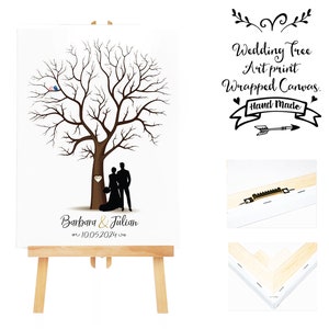 Saldi 20% DI SCONTO - Stampa artistica su tela avvolta + 3 tamponi di inchiostro Libro degli ospiti dell'albero nuziale + Albero delle impronte digitali della coppia di sposi per 20-100 ospiti - Tela