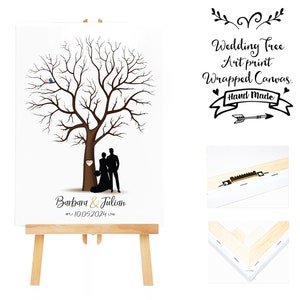 Sale 20% OFF - Art print wrapped canvas + 3 ink pads Wedding Tree Guest Book + Wedding Couple Fingerprint Thumb Tree 20- 100 guests - Canvas