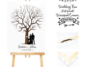 Venta 20% de DESCUENTO - Lienzo envuelto con impresión artística + 3 almohadillas de tinta, libro de invitados de árbol de boda + árbol de huellas dactilares de pareja de bodas, 20-100 invitados - Lienzo