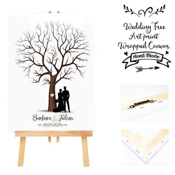 Sale 20% OFF - Art print wrapped canvas + 3 ink pads Wedding Tree Guest Book + Wedding Couple Fingerprint Thumb Tree 20- 100 guests - Canvas